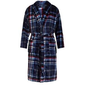 George Men's Robe Bathrobe Blue Plaid One Size Plush Fleece Belt Pockets